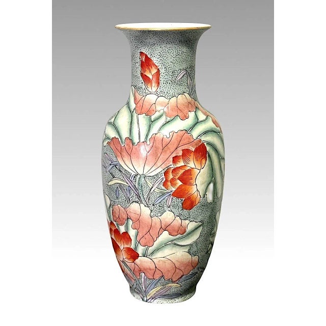 Vintage Macau Chinese Porcelain Vase Hand Painted With Orange Lotus Flowers in the Kangxi Style For Sale - Image 4 of 8