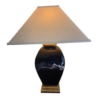 Vintage Brass and Black Porcelain Table Lamp For Sale