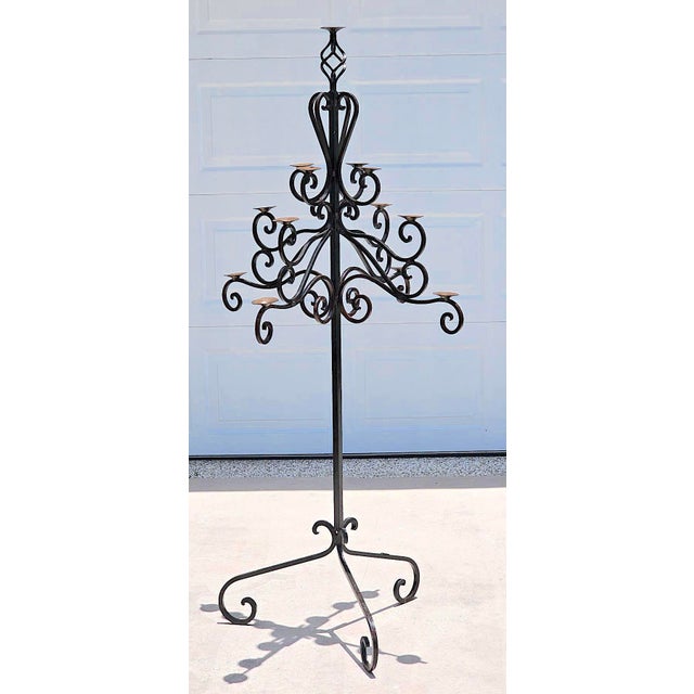 Monumental 13-Light Mexican Hand-Forged Wrought Iron Floor Candelabra – Spanish Colonial Hacienda Style, 65” Tall For Sale In Naples, FL - Image 6 of 18