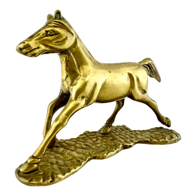 Mid-Century Solid Brass Galloping Horse Figurine on Textured Base For Sale