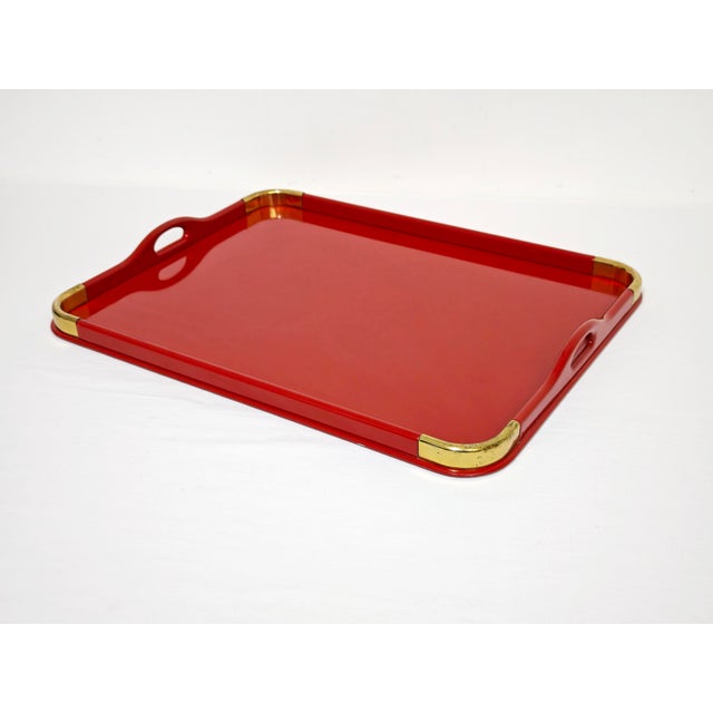 Metal Mid-Century Modern Rectangular Red Lacquered Tray with Brass Corners from Rue Royale, 1960/70 For Sale - Image 7 of 14