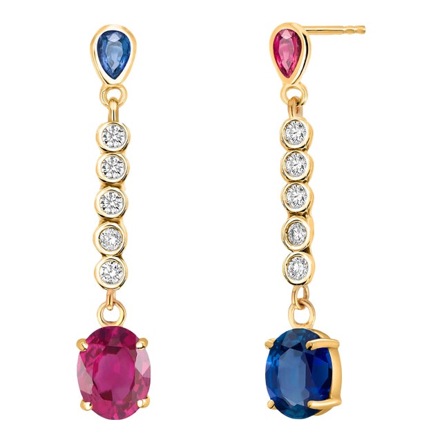 14 Karat Yellow Gold Double Tiered Alternating Ruby and Sapphire Drop Earrings - 2 Pieces For Sale