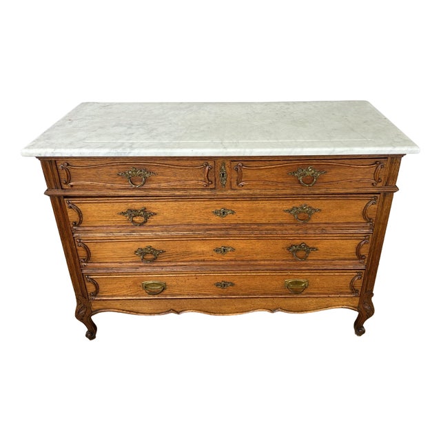 Antique French Oak Marble Top Chest of Drawers For Sale
