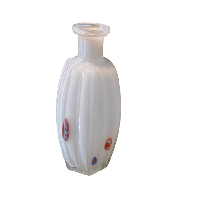 Mid Century Italian Murano Style White Ribbed Rigadin Glass Vase With Millefiori Murrine For Sale - Image 4 of 9