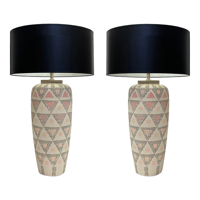 1980s Hand Painted Geometric Design Pottery Table Lamps- Pair For Sale