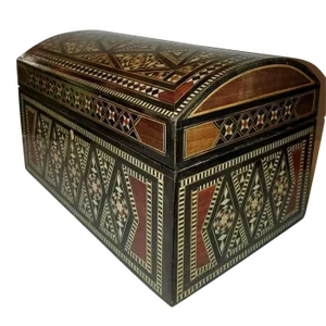 1960s Moroccan Mother of Pearl Inlay Jewelry Box With Suede Interior