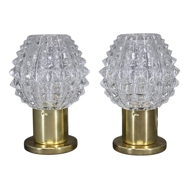 Mid-Century Table Lamps with Prismatic Glass Shades, Czech, 1970s, Set of 2 For Sale
