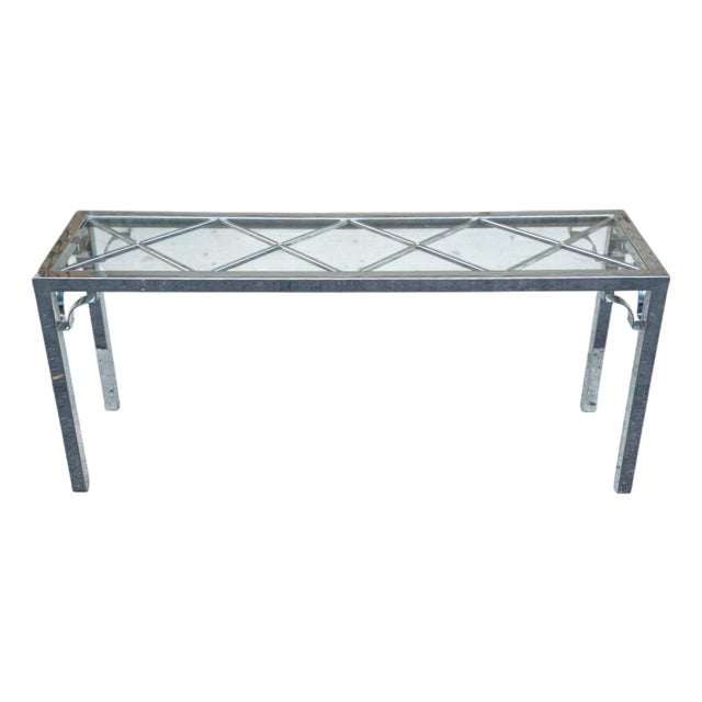 Vintage Chrome and Glass Milo Baughman Style/Chinese Chippendale Style Console Table For Sale