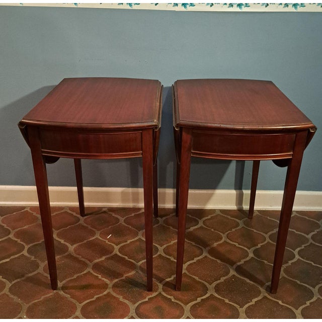 Mid 20th Century Pair of Hickory Chair Style Drop Leaf Side Tables With Fan Inlay and Brass Pulls For Sale - Image 4 of 12