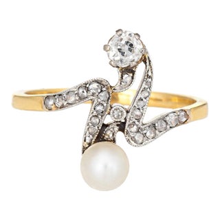 Antique Edwardian Diamond Pearl Ring Moi et Toi 18k Gold Silver Topped Jewellery 9 size 9 For Sale