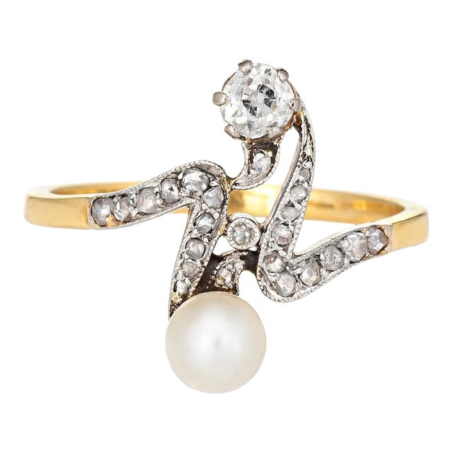 Antique Edwardian Diamond Pearl Ring Moi et Toi 18k Gold Silver Topped Jewellery 9 size 9 For Sale