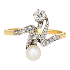 Antique Edwardian Diamond Pearl Ring Moi et Toi 18k Gold Silver Topped Jewellery 9 size 9