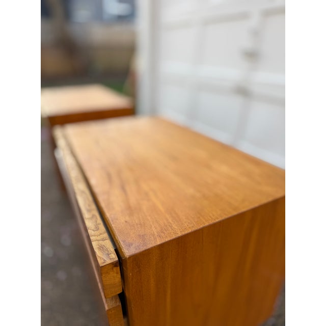 1970s Mid-Century Burl Wood Nightstands by Lane. Deep drawer and sliding tray make this an excellent end table choice. The...