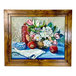 1960s Original Oil Painting Impressionist Red Bottle & Flora Still Life by Edith Weir For Sale