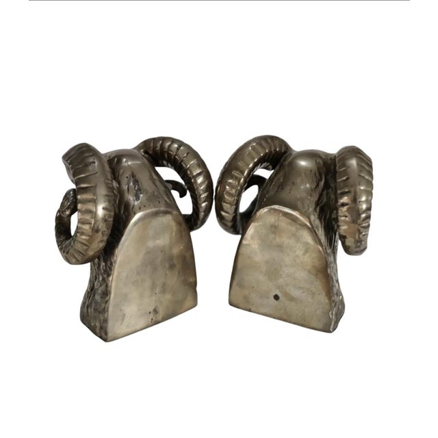 Brass Vintage Pair of Rare Brass Ram's Head Bookends For Sale - Image 8 of 10