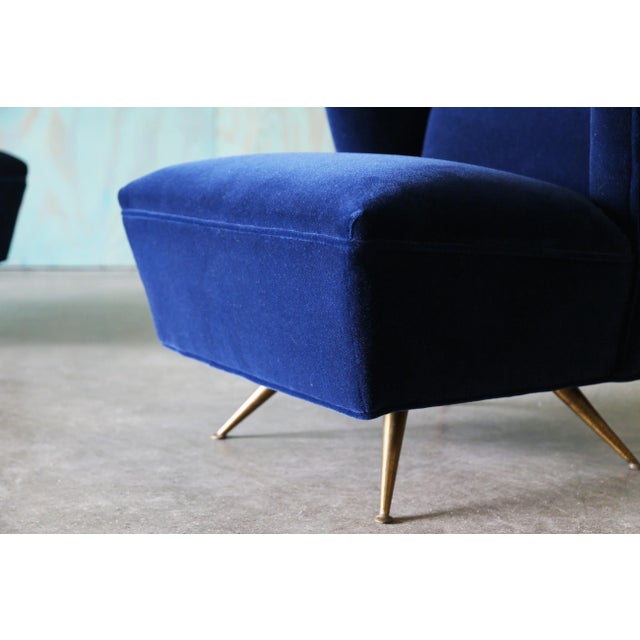 1950s 1950s Henry P Glass Swivel Lounge Chairs Blue Mohair on Brass Legs Jl Chase Co. - A Pair For Sale - Image 5 of 12