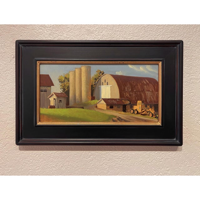 This oil on panel artwork captures a serene farm scene, highlighting a classic red barn and towering silos set against a...