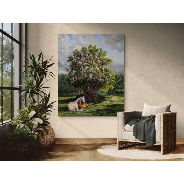 This artwork depicts a majestic tree, vibrant with an abundance of flowers and inhabited by various birds and animals,...