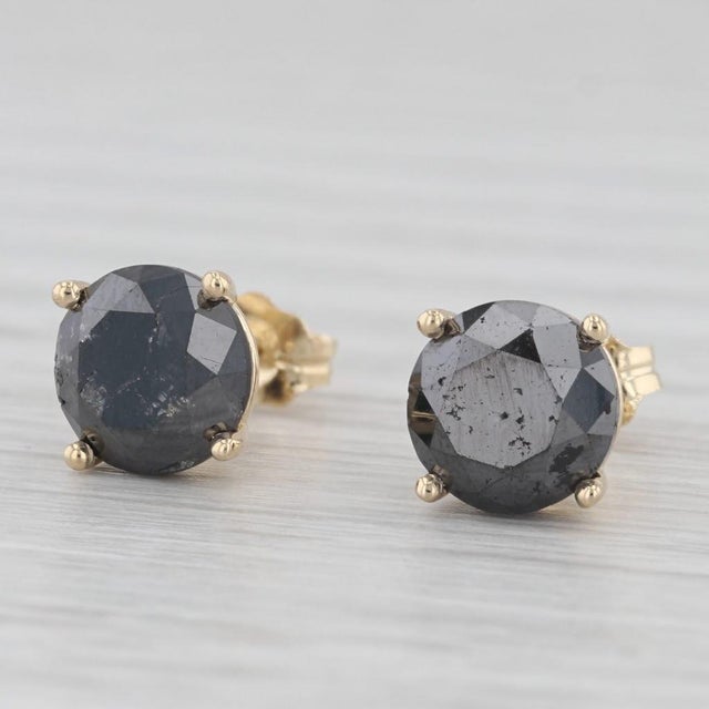 Art Deco New 3.70ctw Black Diamond Stud Earrings 14k Yellow Gold Round Solitaires - 2 Pieces For Sale - Image 3 of 6