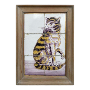 18th Century Dutch Delft Tile Painting of a Cat with Mouse