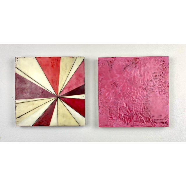 Two 8”x8” cradled wood panels. Each shape is hand cut from natural fiber papers and then suspended between layers of clear...