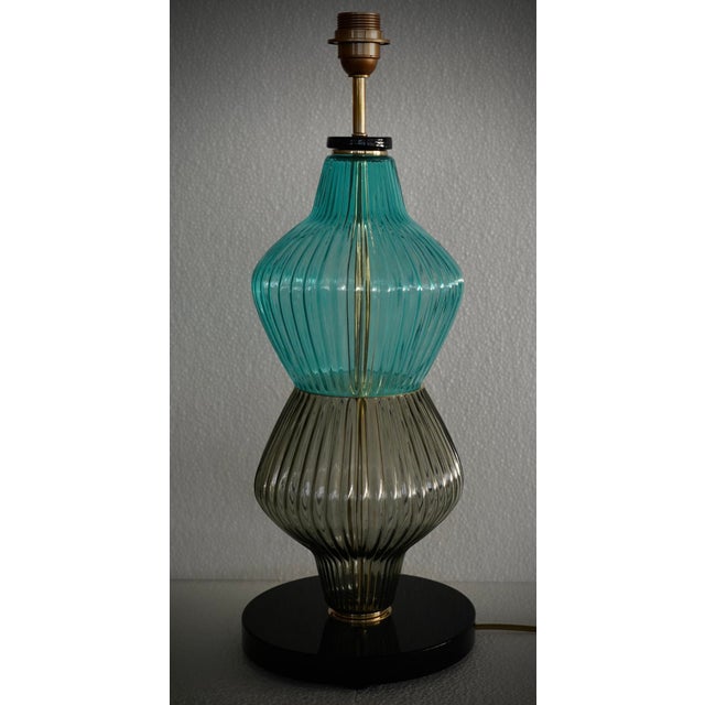Mid-Century Round Aqua Blue and Smoky Murano Art Glass and Brass Table Lamp, 2000 For Sale - Image 10 of 10