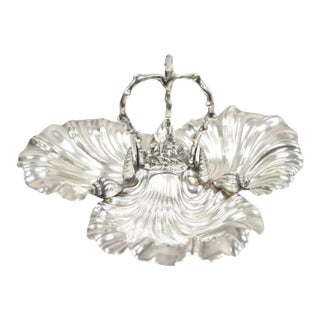 Antique English Victorian Silver Plated Triple Clam Shell Nautical Candy Dish For Sale