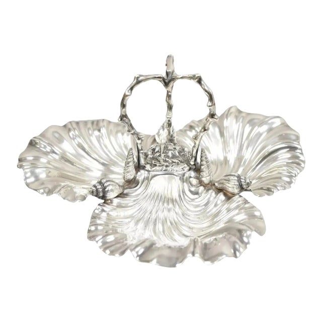 Antique English Victorian Silver Plated Triple Clam Shell Nautical Candy Dish For Sale