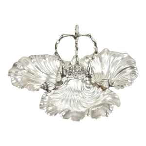 Antique English Victorian Silver Plated Triple Clam Shell Nautical Candy Dish