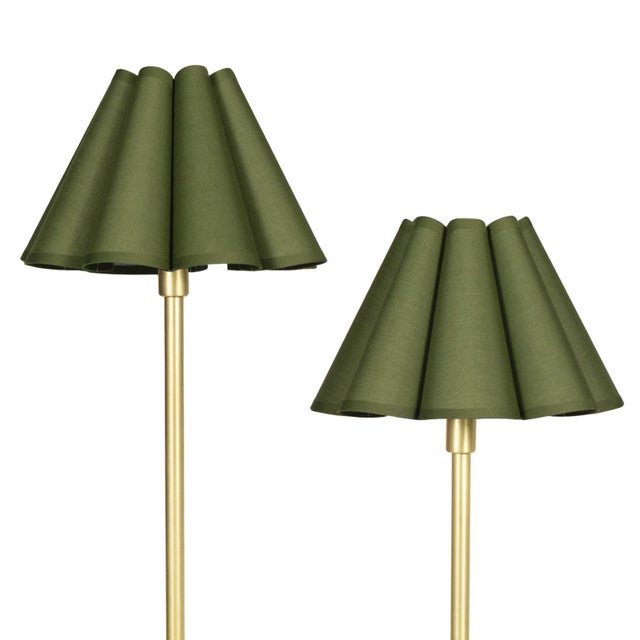 Polly Double Arm FloorLamp, Natural Brass with Olive Scalloped Shade For Sale - Image 4 of 6