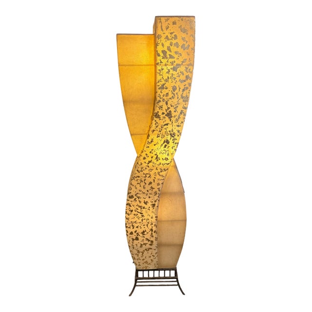 1970s Mid-Century Modern Sculptural Double Helix Amber Resin & Gold Leaf Fleck Floor Lamp For Sale