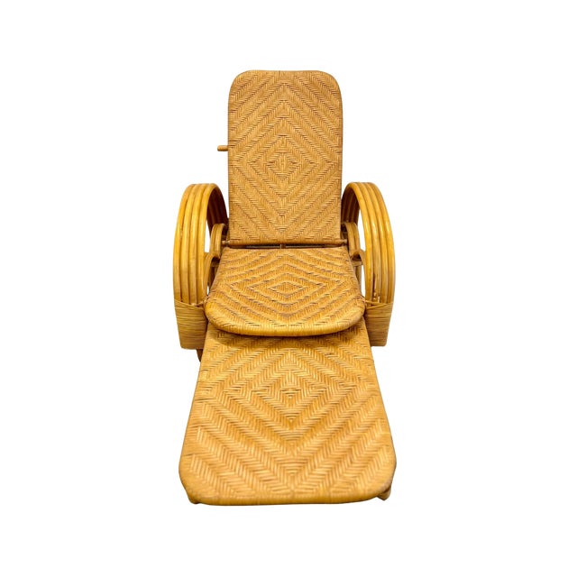 Vintage Boho Coastal Three Strand Banded Bamboo & Rattan Adjustable Reclining Chaise Lounge Chair With Pull-Out Ottoman For Sale - Image 4 of 11