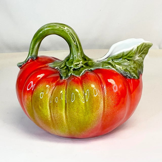 1980s Vintage Italian Majolica Trompe L’Oeil Ceramic Pumpkin Gourd Pitcher For Sale - Image 4 of 9