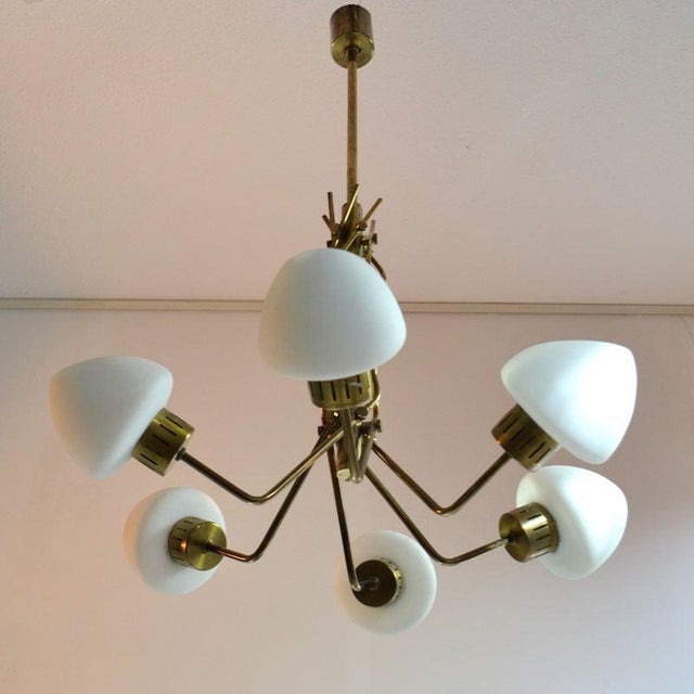 Opaline and Brass Italian Chandelier in the style of Stilnovo, 1950s For Sale - Image 6 of 14