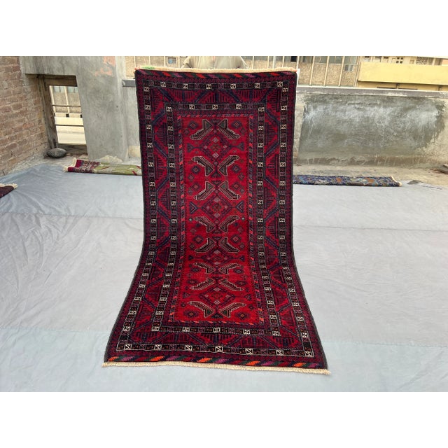 Red 3'10" X 7'10" Vintage Afghan Hand-Knotted Baluchi Rug, Red Tribal Geometric Kitchen Rug For Sale - Image 8 of 12