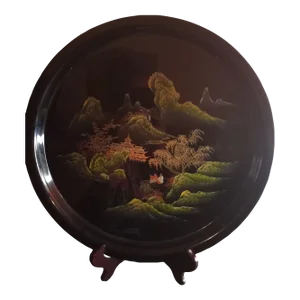1980s Oriental Round Lacquered Black Acrylic Platter