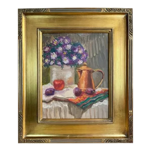 Vintage Still Life Oil Painting of Vase of Flowers Fruit and Copper Tea Pot by R. Bruton