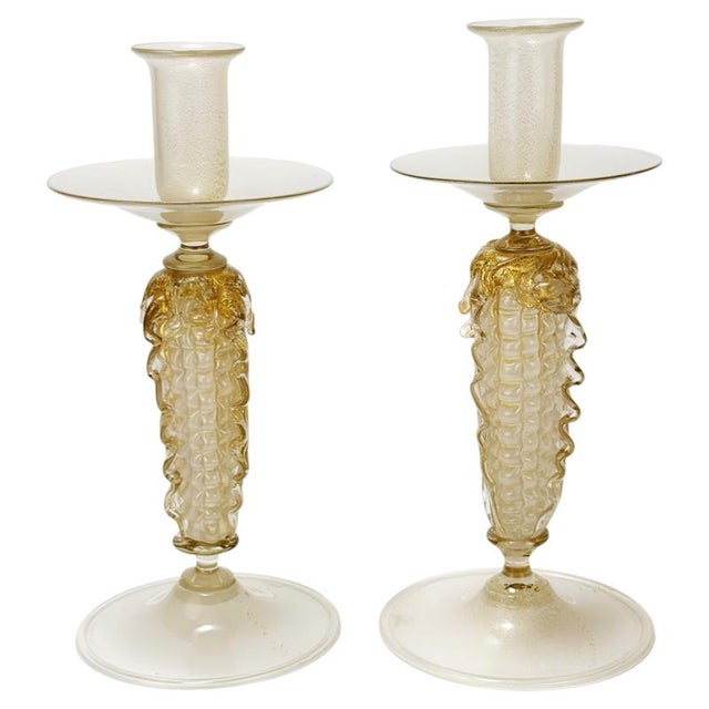 Opaline and Gold Polveri Murano Glass Candlesticks from Gabbiani, Italy, 1980s, Set of 2 For Sale - Image 10 of 10