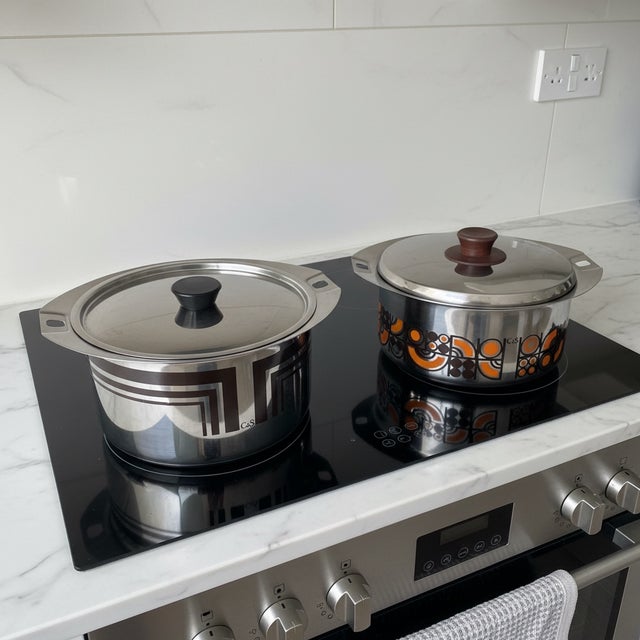 Orange and Brown Enameled Stainless Steel Pots from C&S of France, 1970s, Set of 2 For Sale - Image 10 of 18
