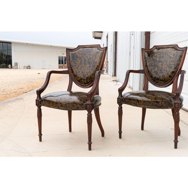 Early 20th Century Federal Style Shield Back Chairs With Faux Tortoise Leather Seats, Pair For Sale - Image 4 of 13