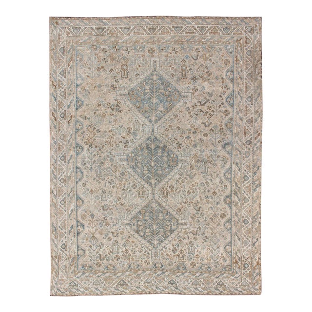 Blue and Taupe Antique Persian Shiraz Rug With Tribal Geometric Medallions For Sale