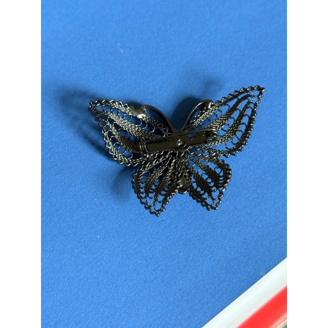 Silver Vintage 1960s Filigree Butterfly Brooch Pin With Cannetille Style Openwork For Sale - Image 8 of 16