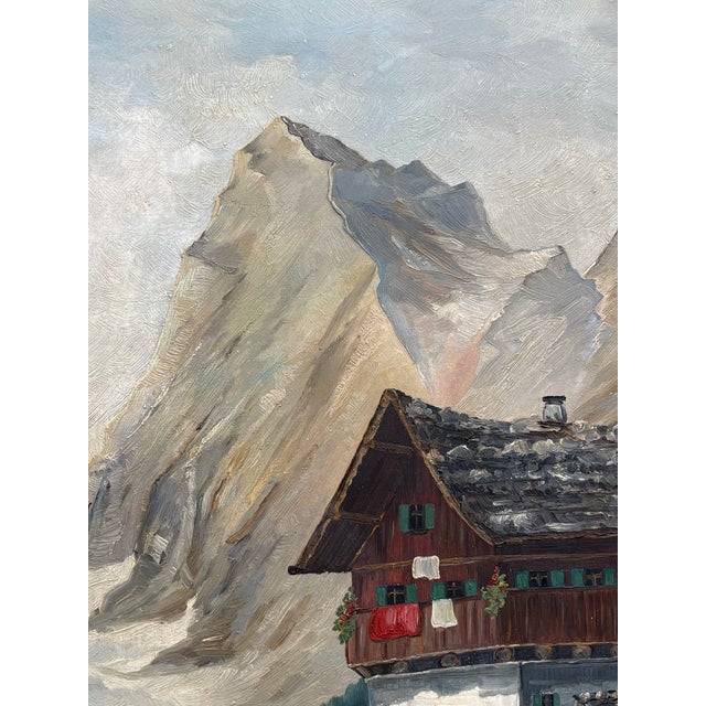 Green 1940s European Alps Oil Painting on Old Advertisement Board For Sale - Image 8 of 11