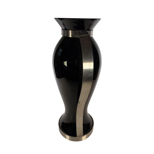 Art Deco Italian Black Glass and Stainless Steel Vases - A Pair For Sale - Image 3 of 8