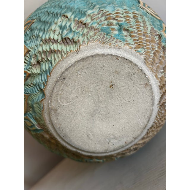 Blue Vintage Large Blue Studio Pottery Vase With Sunflower Relief Pattern For Sale - Image 8 of 10