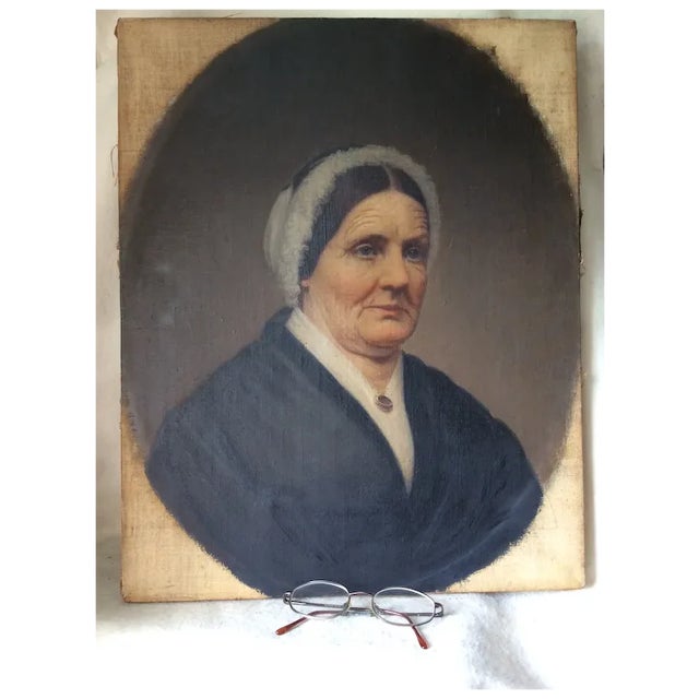 Mid 19th Century Antique Primitive Oil Painting, Portrait of a Lady in Lace For Sale - Image 5 of 9