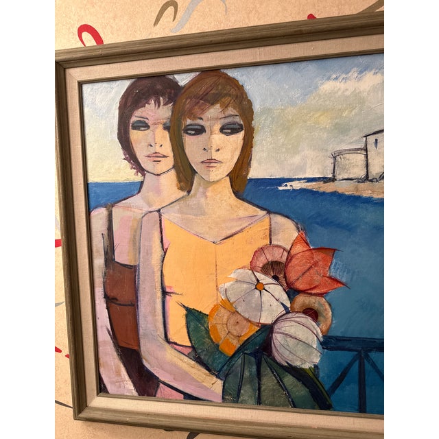 Charles Levier 1960s Charles Levier Two Women Original Canvas Oil Painting For Sale - Image 4 of 4