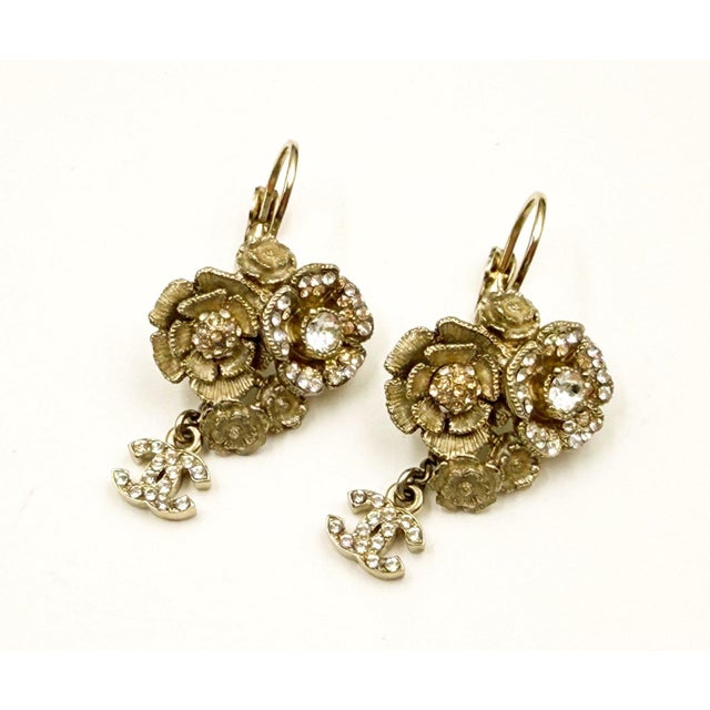 Contemporary Chanel Gold Multi Flower Crystal CC Dangle Lever Back Earrings, A Pair For Sale - Image 3 of 5