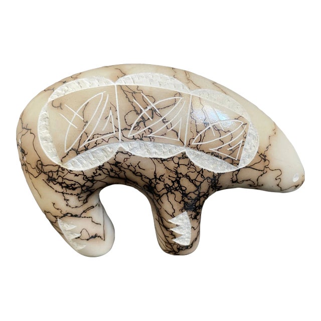 Navajo Tom Vail Horsehair Pottery Spirit Bear With Etched Indian Symbols For Sale