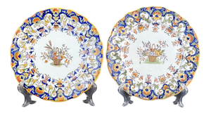 French Rouen Style Faience Plates with Floral Basket, 1790-1820, Set of 2